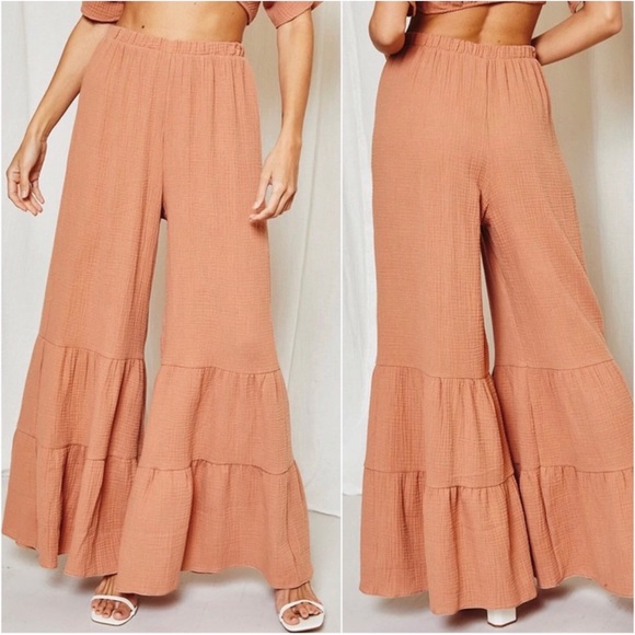 1 LEFT! Creamy Rust Lightweight Comfort Cotton Wide Leg Bell Bottom Pants - Picture 2 of 2